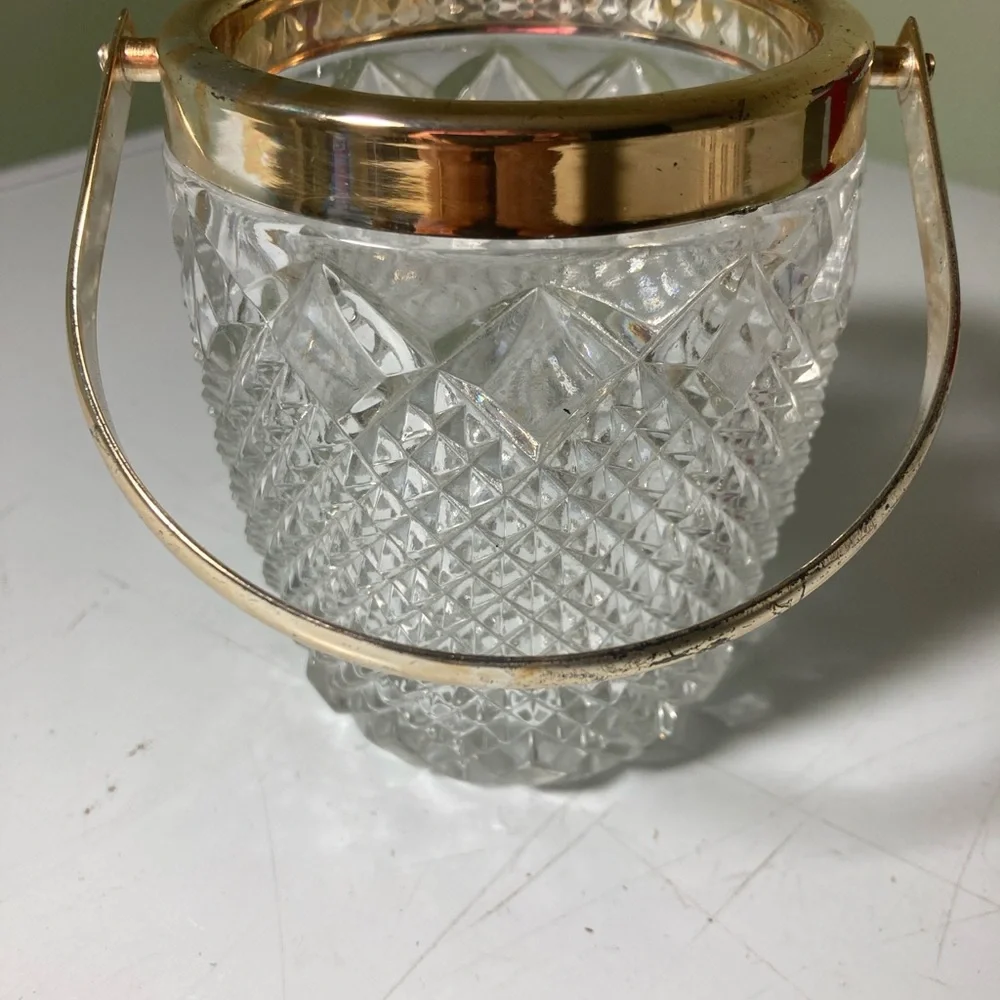 Vintage Crystal Glass Ice Bucket with Gold Handle